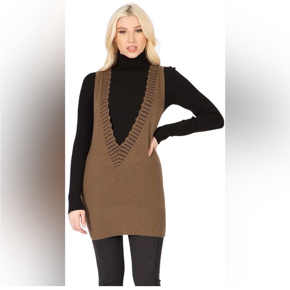 Vertigo Paris $160 NWT Angora Sleeveless Crochet Sweater Vest Tunic Olive Tan M - Picture 3 of 13